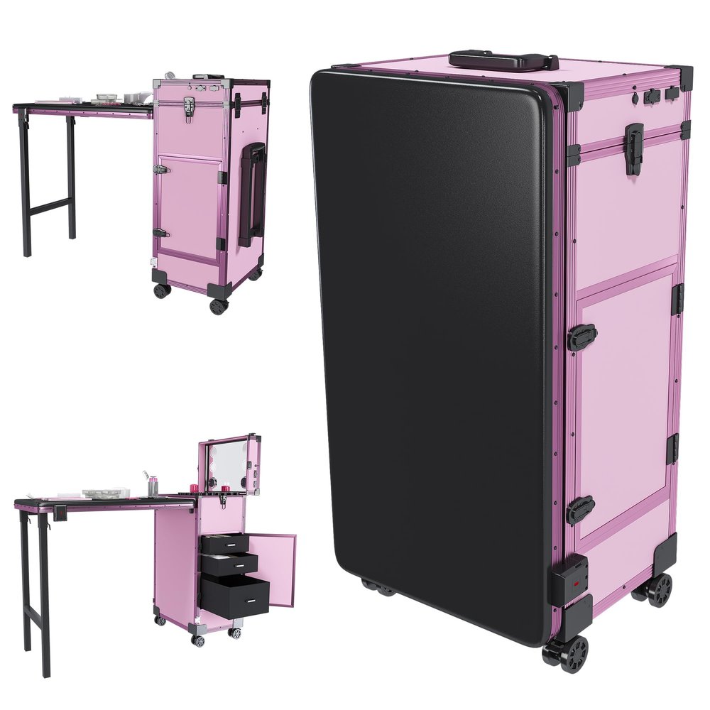 DOPERFE Rolling Manicure Table Workstation w/LED Mirror, Lockable Organizer & Bluetooth Speaker - Aluminum Pull Rod, Pink(Pink)