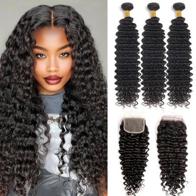 Deep Wave Bundles with Closure 24 26 28+20 Inch 4x4 HD Lace Closure, 13A Human Hair Bundles, Wet and Wavy 100% Brazilian Virgin Deep Curly 3 Bundles Human Hair Quick Weave Bundle for Women