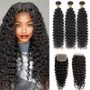 Deep Wave Bundles with Closure 24 26 28+20 Inch 4x4 HD Lace Closure, 13A Human Hair Bundles, Wet and Wavy 100% Brazilian Virgin Deep Curly 3 Bundles Human Hair Quick Weave Bundle for Women view 1