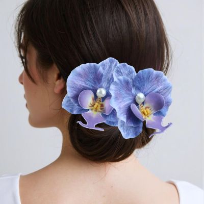 Bohemian Artificial Orchid Hair Clips, 2 Pack Floral Alligator Barrettes, Hawaiian Style Hairpins, 3.54 inch Pearl Decorated Flower Accessories Summer Beach Wedding Floral Headwear (Dark blue)