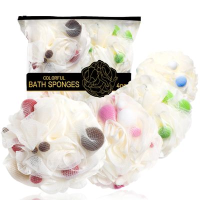 4 Pack Loofah Sponge, 50g Loofah Exfoliating Body Scrubber, Dense Mesh Exfoliating Sponges with Tight Knot Design, Gentle and Durable Bath Poufs for Rich Foam & Deep Cleansing