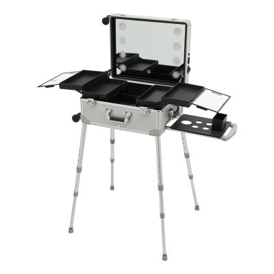 21'' Aluminum Lockable Makeup Travel Case, Rolling Makeup Train Case with LED Lights Mirror & Socket and Charging Ports, Makeup Vanity Station for Makeup Artists, Hairdressers, Beauticians (Silver)