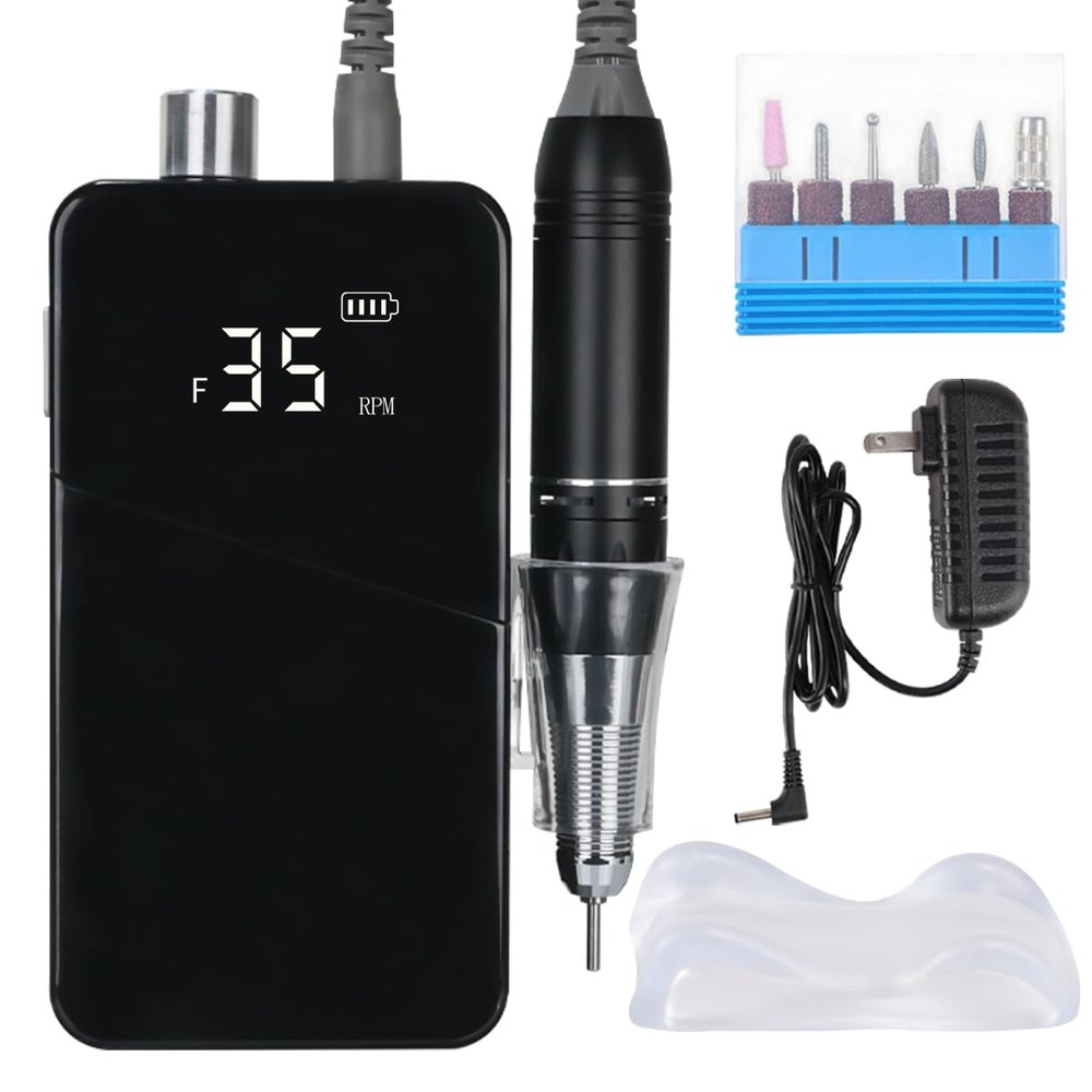 Electric Nail Drill Machine 35000RPM Professional Portable Nail File Cordless Rechargeable Nail Efile for Acrylic Gel Nails Manicure Pedicure Polishing Shape Tools for Salon (Black)