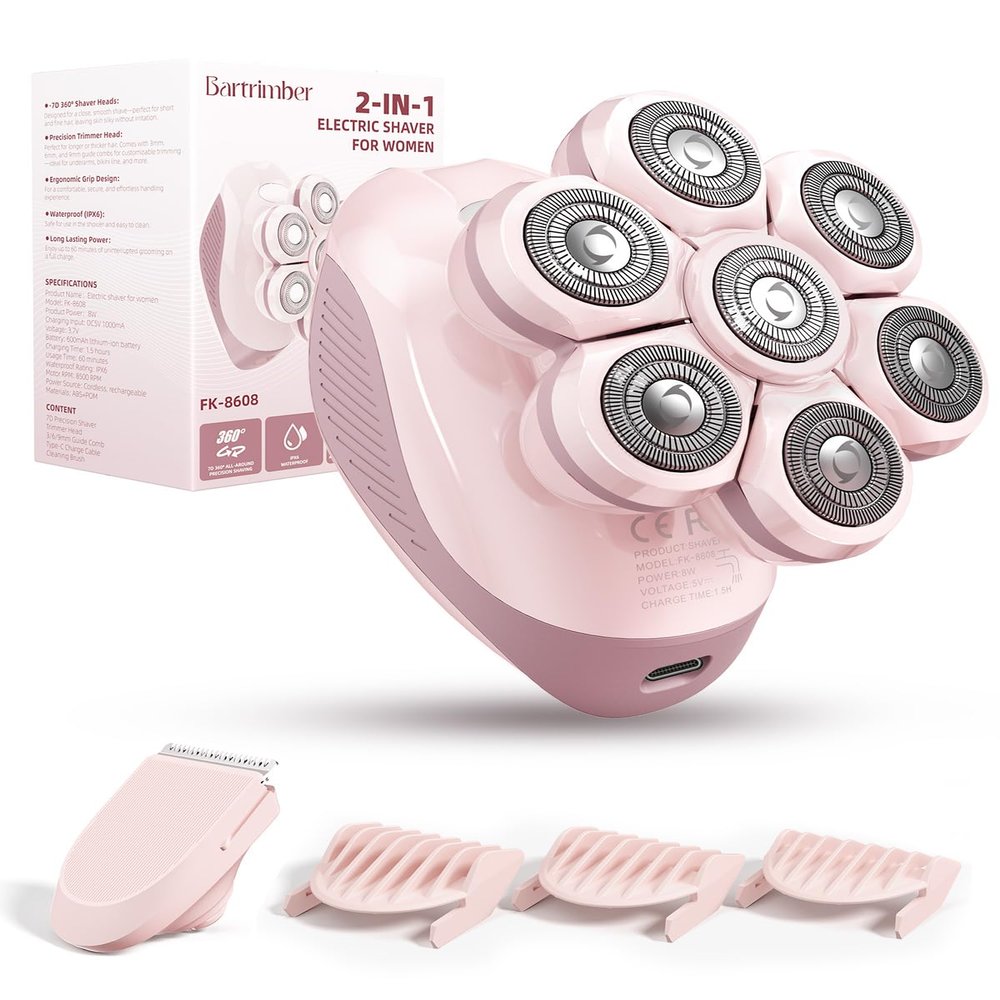 Bartrimber 7D Electric Razors for Women: 2-in-1 Electric Shaver Trimmer for Ladies Flawless Legs & Full Body & Bikini - Waterproof Wet Dry Shaver w/LED Light & Travel Cap - Birthday Gifts for Wife Her