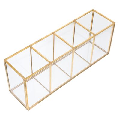 Alipis Makeup Storage Box with Four Glass Compartments Copper Gold Organizer for Vanity Table and Compact Cosmetic Holder for Brushes Perfumes and Accessories