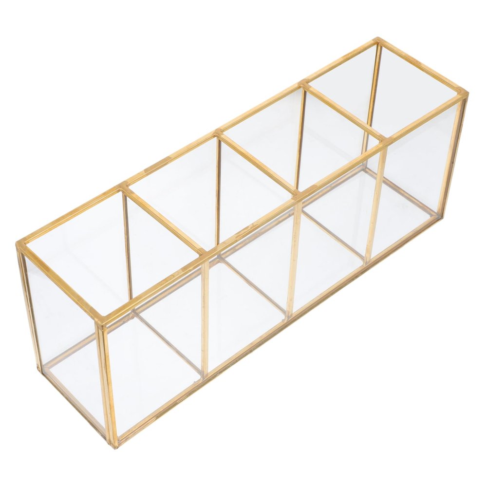 Alipis Makeup Storage Box with Four Glass Compartments Copper Gold Organizer for Vanity Table and Compact Cosmetic Holder for Brushes Perfumes and Accessories