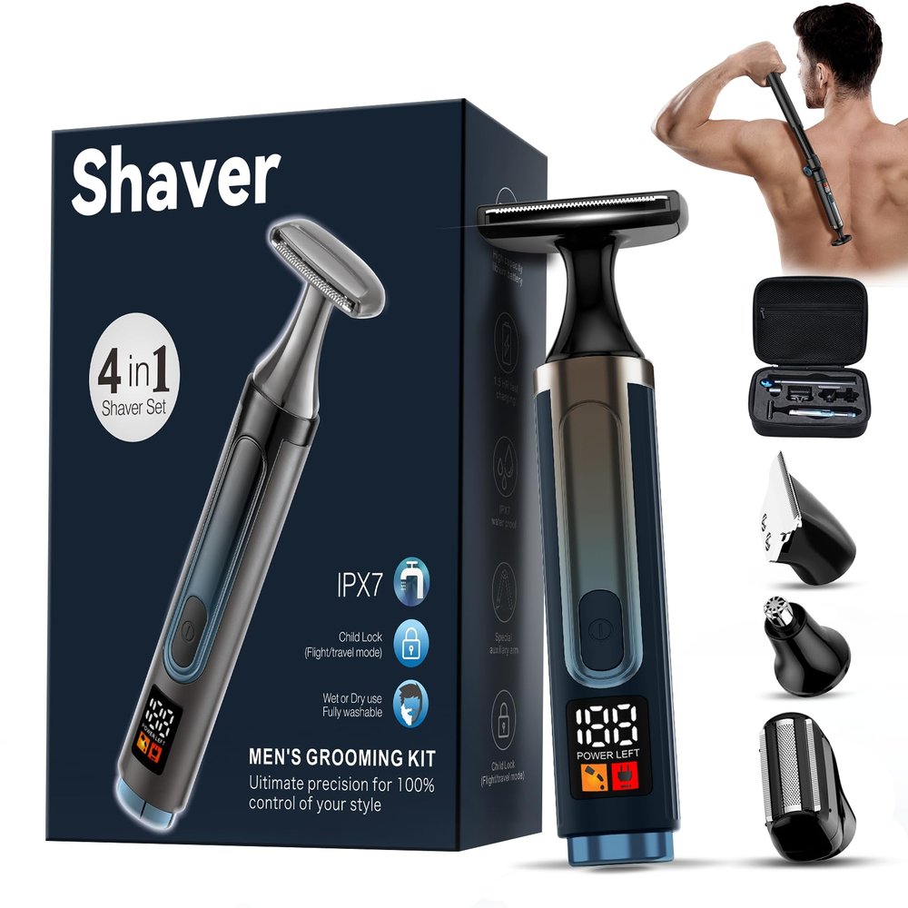 WUXO 2025 Upgraded Back Shaver for Men, LED Display Mens Back Shaver with Travel Case, Rechargeable with Long Handle, Safety Lock, IPX7, Multi-Functional Back Trimmer for Men,(Dark Black)