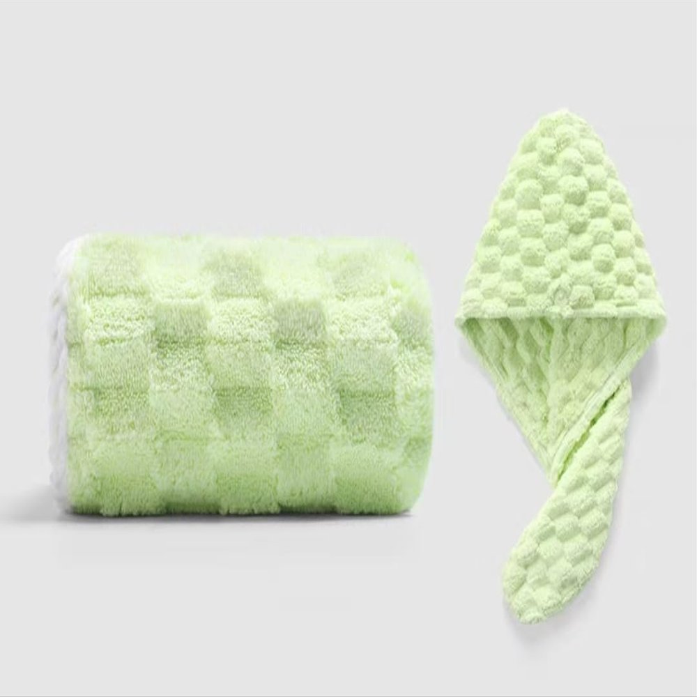 Bath Towel Set & Hair Caps, 70 x 140 cm, Quick Dry Super Absorbent, Multiple Colours (Green)