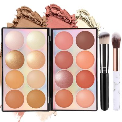 "16-Color Contour, Highlighter & Blush Palette with 2 Brushes  Long-Lasting Powder for Natural Glow & Face Sculpting"