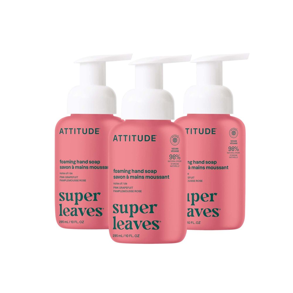ATTITUDE Foaming Hand Soap, EWG Verified, Plant and Mineral-Based Ingredients, Vegan and Cruelty-free Personal Care Products, Pink Grapefruit, 10 Fl Oz (Pack of 3)