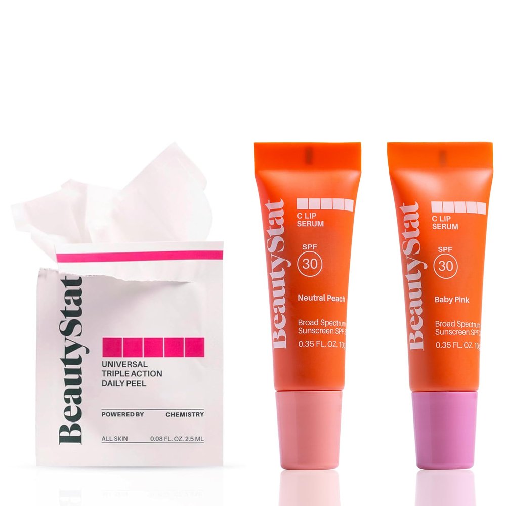 BeautyStat C-Radiance Kit Vitamin C Face, Eye & Lip Collection: 10 Peel Pads + 2 Lip Serums (Baby Pink + Neutral Peach)