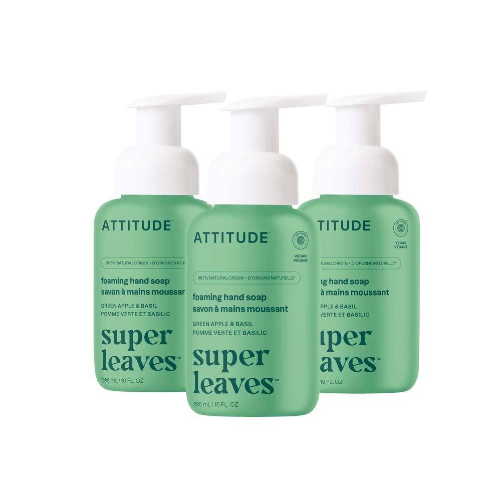ATTITUDE Foaming Hand Soap, EWG Verified, Plant and Mineral-Based Ingredients, Vegan and Cruelty-free Personal Care Products, Green Apple & Basil, 10 Fl Oz (Pack of 3)