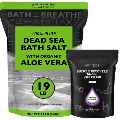 Aromasong Organic Aloe Vera Dead Sea Salt 19 lb + Muscle Recovery Bath Soak 3 lb Bundle Soothing Skin Hydration, Muscle Relief & Post-Workout Recovery with Pure Minerals & OptiMSM