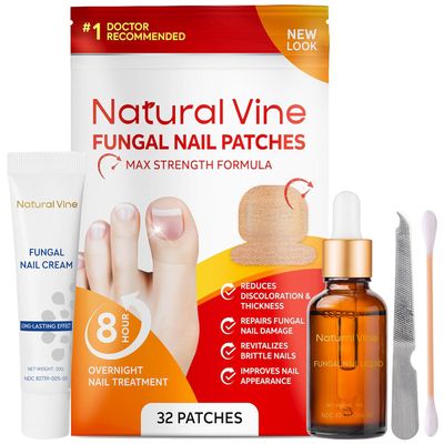 Natural Vine Toenail Fungus Treatment Kit: Fungal Nail Patches 32pcs + Liquid 15mL + Cream 20g Extra Strength for Toenail & Fingernails