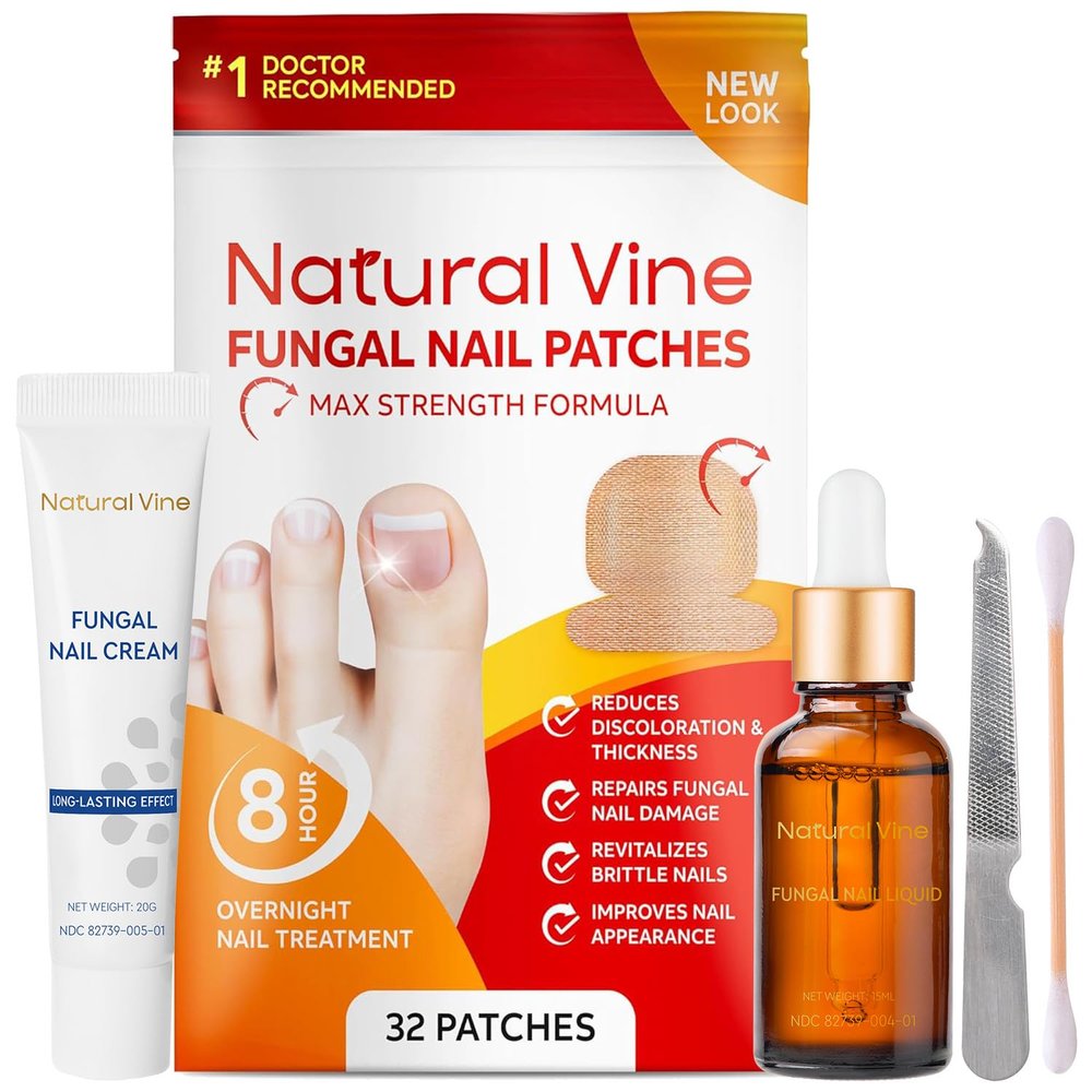 Natural Vine Toenail Fungus Treatment Kit: Fungal Nail Patches 32pcs + Liquid 15mL + Cream 20g Extra Strength for Toenail & Fingernails