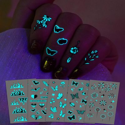 Glow In The Dark Butterfly Nail Temporary Tattoos for Women Girls Adult, 12 Sheets Luminous Flower Butterflies Wings Fake Black Tattoo Stickers Art Makeup Waterproof for Face Body Arm Party Favors