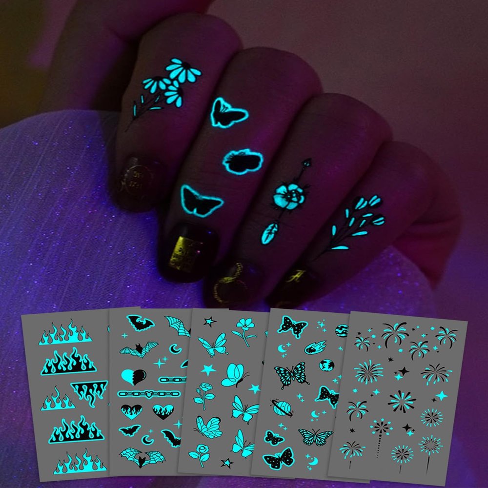 Glow In The Dark Butterfly Nail Temporary Tattoos for Women Girls Adult, 12 Sheets Luminous Flower Butterflies Wings Fake Black Tattoo Stickers Art Makeup Waterproof for Face Body Arm Party Favors