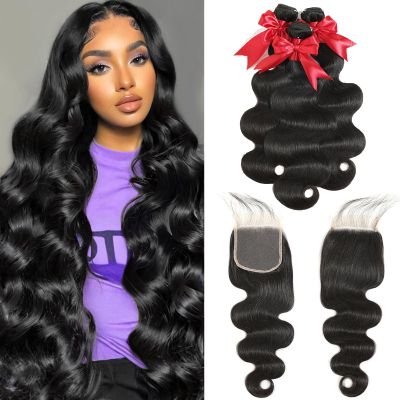 12A Body Wave Bundles with Closure Human Hair 16 18 20+14 Inch Brazilian Virgin Body Wave Human Hair Weave 3 Bundles with 4x4 HD Lace Closure