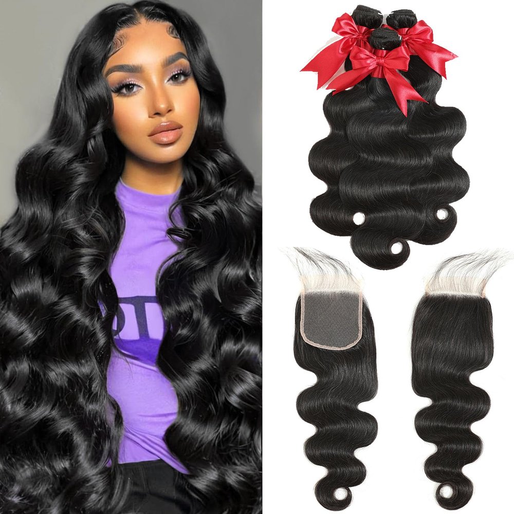 12A Body Wave Bundles with Closure Human Hair 16 18 20+14 Inch Brazilian Virgin Body Wave Human Hair Weave 3 Bundles with 4x4 HD Lace Closure