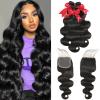 12A Body Wave Bundles with Closure Human Hair 16 18 20+14 Inch Brazilian Virgin Body Wave Human Hair Weave 3 Bundles with 4x4 HD Lace Closure view 1