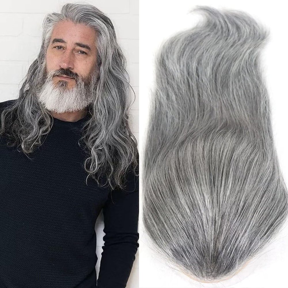12inch Long Toupee Hair for Men Mens Human Hair Replacement System Mono Lace with PU Natural Hairline Male Hair Pieces Protesis Capilar Hombre Men's Hairpiece 8x10 Inch 1B Off Black with 60% Grey