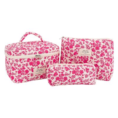 ALINUOYQ 3Pcs Aesthetic Padded Makeup Bag Floral Printed Quilting Storage Bag (Rose Red)