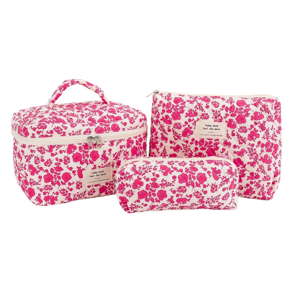 ALINUOYQ 3Pcs Aesthetic Padded Makeup Bag Floral Printed Quilting Storage Bag (Rose Red)