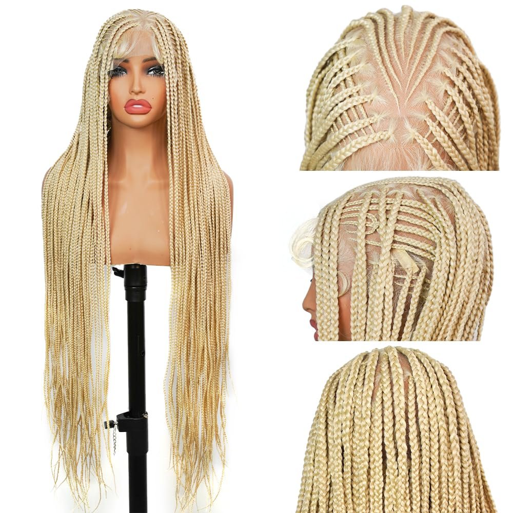 SUPERNOVA Blonde Full Lace Boho Braided Wig 613# Colored Synthetic Hair Box Braids Wig With Baby Hair Special Top Design Transparent Lace Long Highlight Knotless Braided Wigs For Black Women 36 Inch