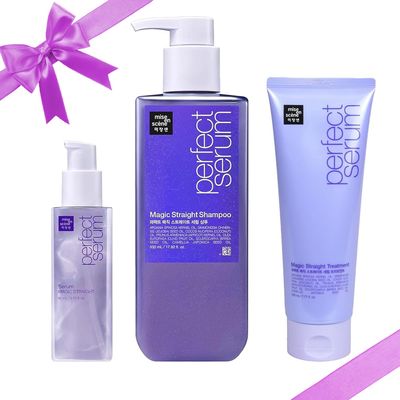 Mise En Scene Perfect Serum Magic Straight Trio - Magic Straight Serum 2.71 Fl Oz with Shampoo 17.92 Fl Oz &Treatment 7.77 Fl Oz - Hair Taming Oil for Frizzy | Heat Protectant | Straightening Fixing