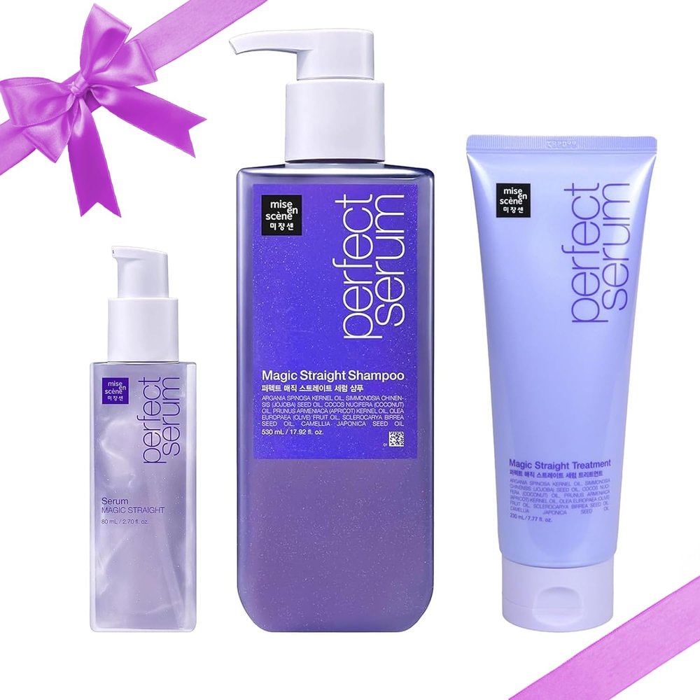 Mise En Scene Perfect Serum Magic Straight Trio - Magic Straight Serum 2.71 Fl Oz with Shampoo 17.92 Fl Oz &Treatment 7.77 Fl Oz - Hair Taming Oil for Frizzy | Heat Protectant | Straightening Fixing