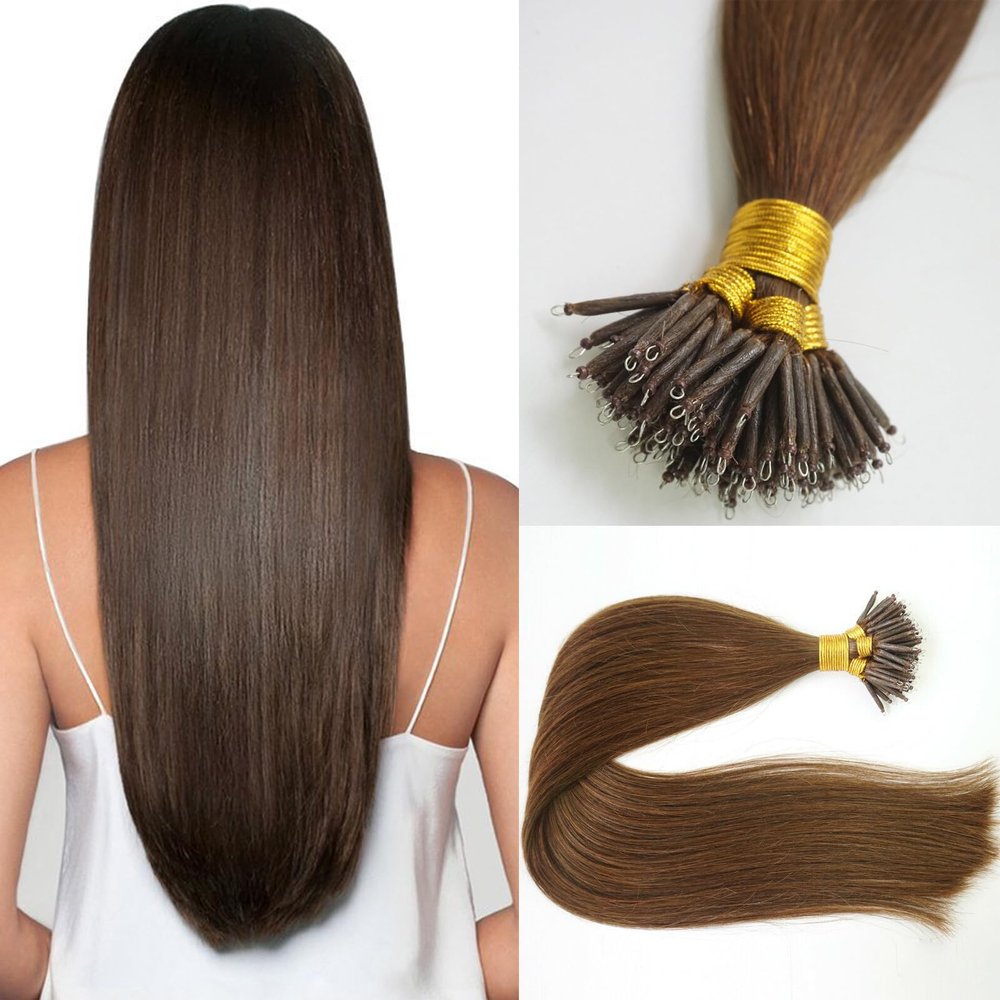 Fenicy Nano Ring Tip Real Human Hair Extensions Medium Brown 18 inch Invisible Micro Nano Beads Link Remy Hair Walnut Brown 50 Strands 50g
