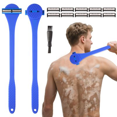 Back& Body Shaver for Men,Back Hair Trimmer for Men with Long Bendable Ergonomic Silicone Handle,10 of The Wet or Dry Disposable Razor Blades,Bath Brush Included(Blue)