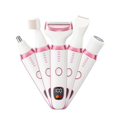 5-in-1 Rechargeable Electric Women's Grooming Kit, White and Pink, Digital Display, Wet/Dry Shaver, Facial Hair Trimmer with Nose Hair Attachment