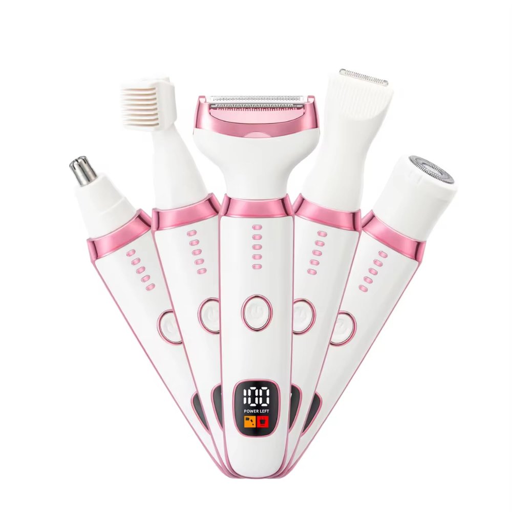 5-in-1 Rechargeable Electric Women's Grooming Kit, White and Pink, Digital Display, Wet/Dry Shaver, Facial Hair Trimmer with Nose Hair Attachment