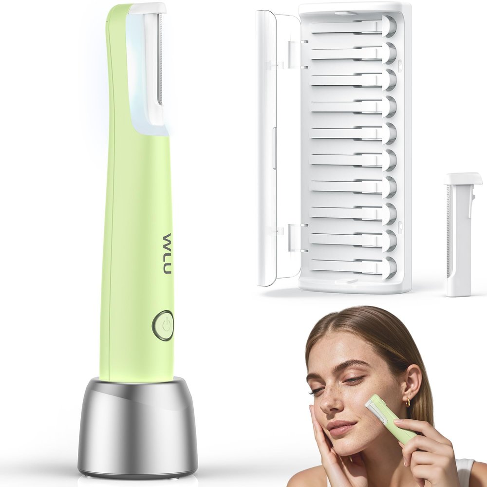 Dermaplane Razor for Women Face, WLU Rechargeable Face Dermaplaning Tool Peach Fuzz, Facial Hair & Exfoliation Removal, Sonic Technology with LED Light, 3 Speeds & 10 Blades (Green)