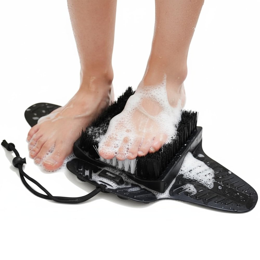 Efforest Shower Foot Scrubber Mat with Pumice Stone - Cleans, Smooths & Removes Dead Skin on Foot Without Bending, Foot Callus Remover with Non-Slip Suction Cups (Black)