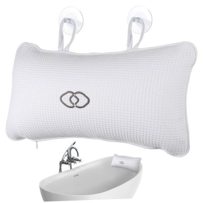 COOLHIYA PVC Inflatable Bath Pillow with Slip Suction Cups Spa Tub Cushion for Head and Neck Support Mesh Texture for Comfort and Massage White Bathroom Relaxation Accessory