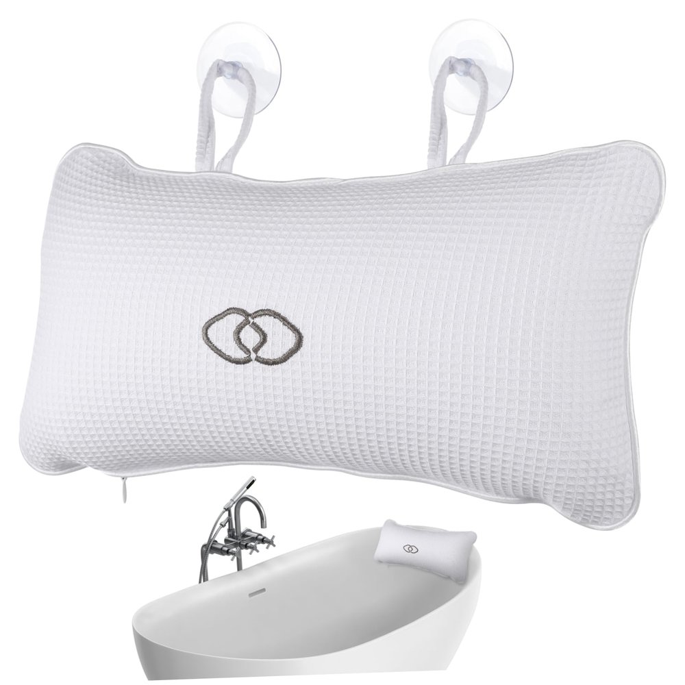 COOLHIYA PVC Inflatable Bath Pillow with Slip Suction Cups Spa Tub Cushion for Head and Neck Support Mesh Texture for Comfort and Massage White Bathroom Relaxation Accessory