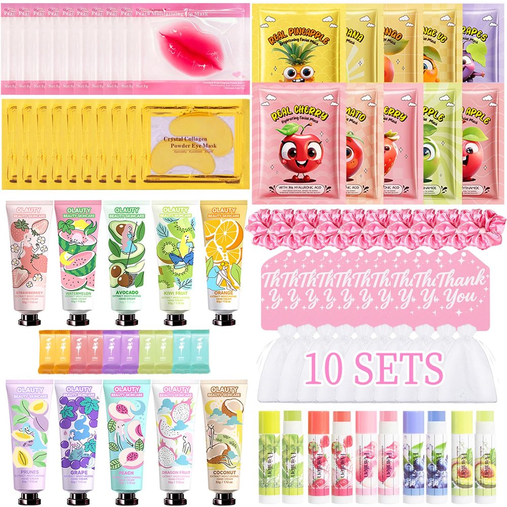 90 PCS Spa Party Supplies for Girls, Include 10 PCS Lip Mask, Eye Mask, Facial Masks, Lip Balm, Hand Cream, Scrunchie, Compressed Towel, Organza Bag, Cards, Spa Birthday Party Supplies for Girls