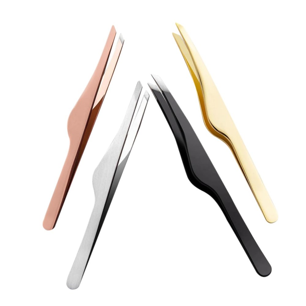 CATIEBYE 4pcs Stainless Steel Eyebrow Tweezers with Precise Tips for Hair Removal Lash Extension Applicators Comfortable Grip Beauty Tools in Black Rose Gold Gold