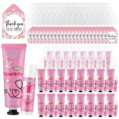 Leelosp 96 Pcs Christmas Medical Assistant Appreciation Gifts Bulk Hand Cream and Lip Balm with Organza Bags and Thank You Cards Pink Medical Assistant Week Accessories for Xmas MA Nurse Women