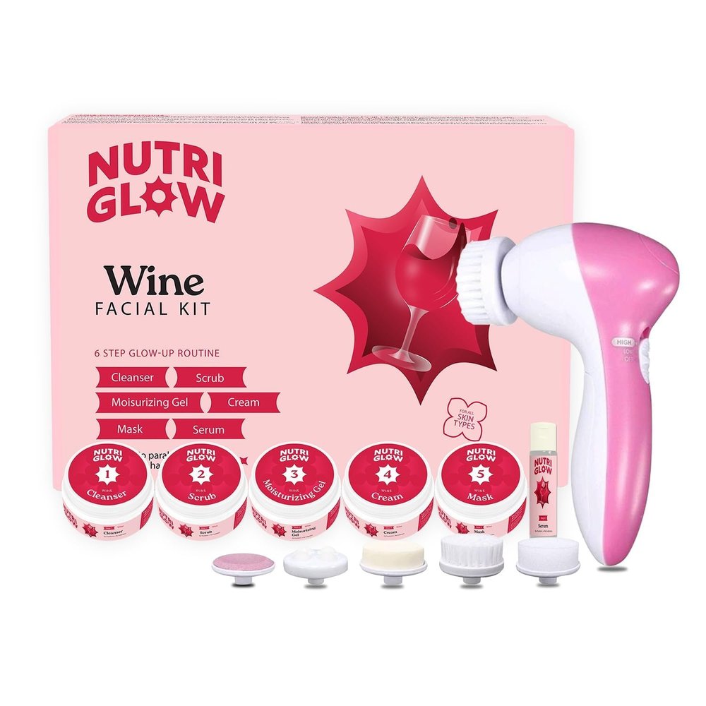 GENERIC N.u.t.r.i.G.l.o.w Wine Facial Kit with Red Grape Extracts 6-Step Skincare Routine for All Skin Types, 260g | Includes Free 5-in-1 Face Massager for Men & Women