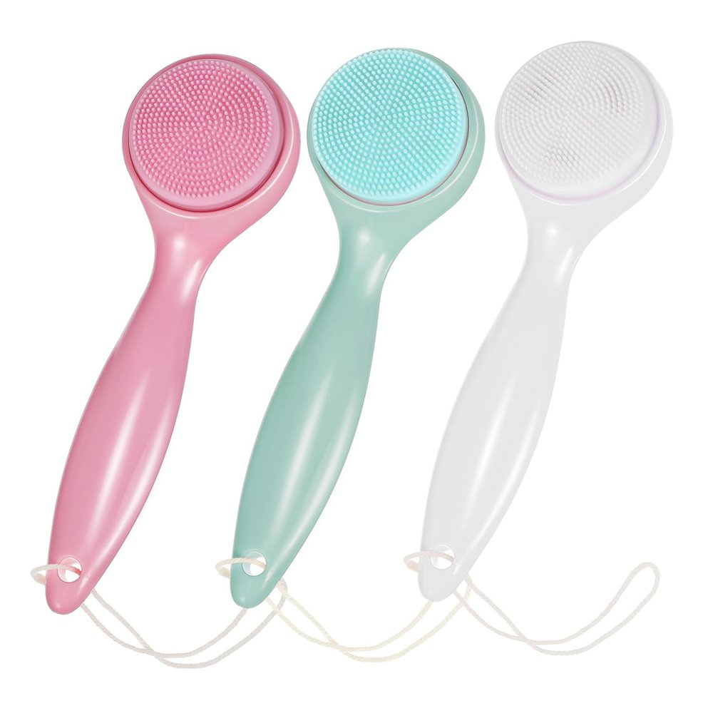 Healifty 3pcs Soft Silicone Facial Cleansing Brush Manual Face Scrubber with Ergonomic Handle for Deep Exfoliation and Gentle Skin Care Compact Travel in White Pink Green