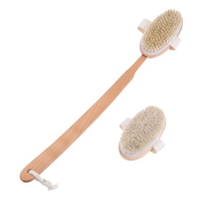 ADOCARN Natural Wooden Shower Brush with Long Handle for Back Cleaning and Gentle Exfoliating Bath Body Scrubber with Pig Bristle and Gray Horsehair Durable Eco Friendly Bathing Massager