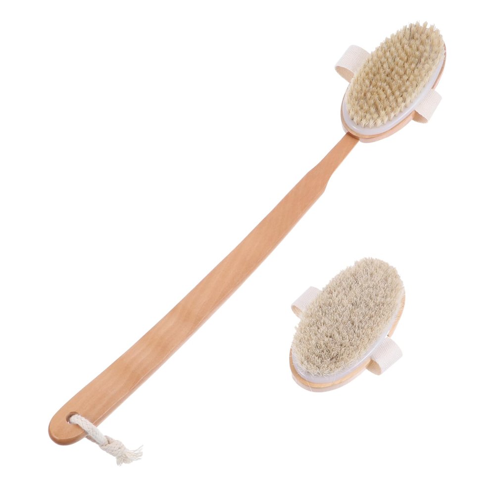 ADOCARN Natural Wooden Shower Brush with Long Handle for Back Cleaning and Gentle Exfoliating Bath Body Scrubber with Pig Bristle and Gray Horsehair Durable Eco Friendly Bathing Massager
