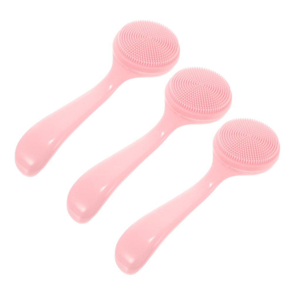 ASAKKURA 3pcs Portable Handheld Silicone Facial Brush for Women Soft Cleansing Brush with Long Handle for Gentle Makeup Removal Blackhead Cleaning Lightweight and Easy to Hold Pink