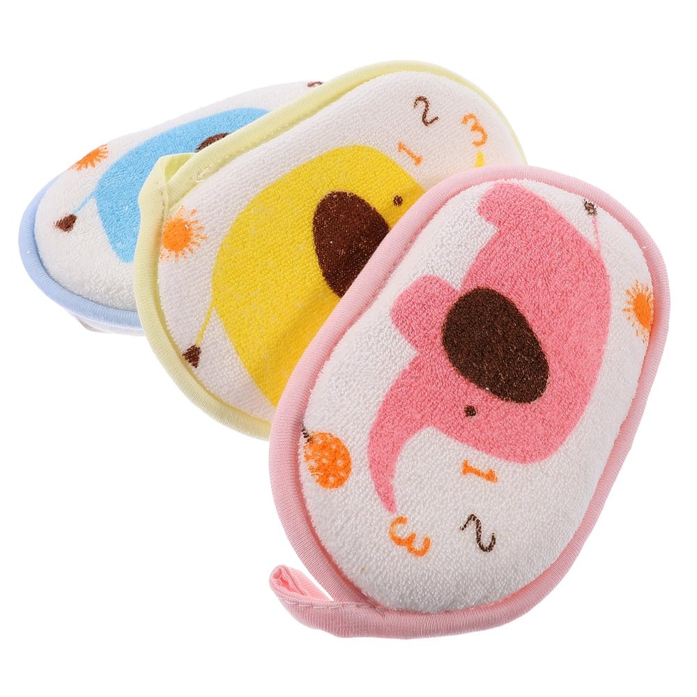 BELLIFFY 3PCS Bath Pad Cotton Shower Towel with Cartoon Elephant Pattern Soft Cotton Material for Gentle Cleansing Suitable for Boy Girl and Mixed Colors Bath Scrub Sponge