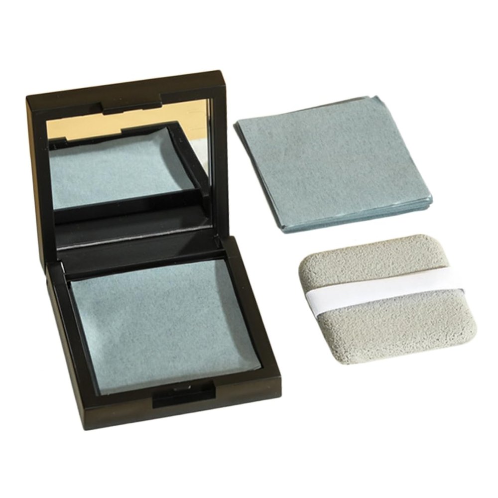 LALADEFIEE Facial Oil Absorbing with Mirror Compact and Powder Puff Portable Oil Control Blotting Papers for Oily Skin Skin Friendly Material Removal for Daily Use