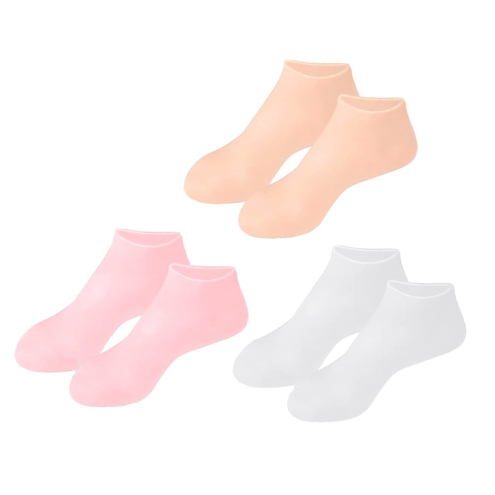 SKISUNO 3Pairs Womens Moisturizing Socks for Dry Cracked Feet Breathable Protective Foot Covers with Intensive Hydration Lightweight for Travel in XL White Pink Nude