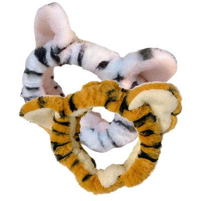 HEALEEP 2pcs Plush Wide Headband Tiger Ear Elastic Stretch Spa Hair Wrap for Women and Soft Makeup Face Wash Headband for Skincare Bathing Yoga and Mask Application White and Yellow